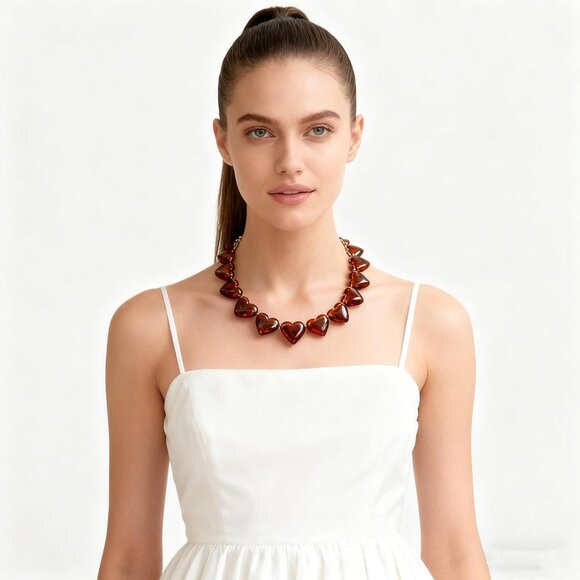 Women's Chunky Exaggerated Puff Heart Penadnt Acrylic Beaded Chain Necklace - Picture 4 of 6